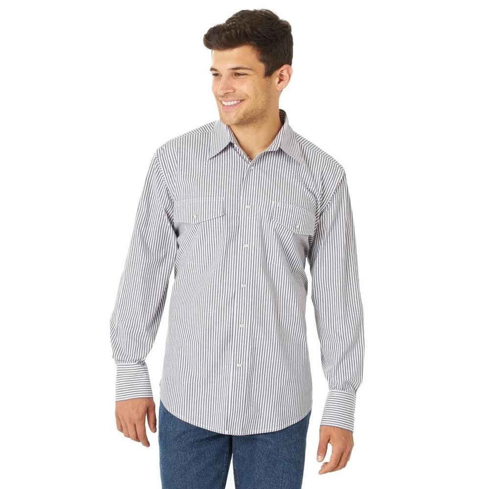 Wrangler Western Shirt Striped Pearl Snap Wrinkle Resistant Gray White Mens M